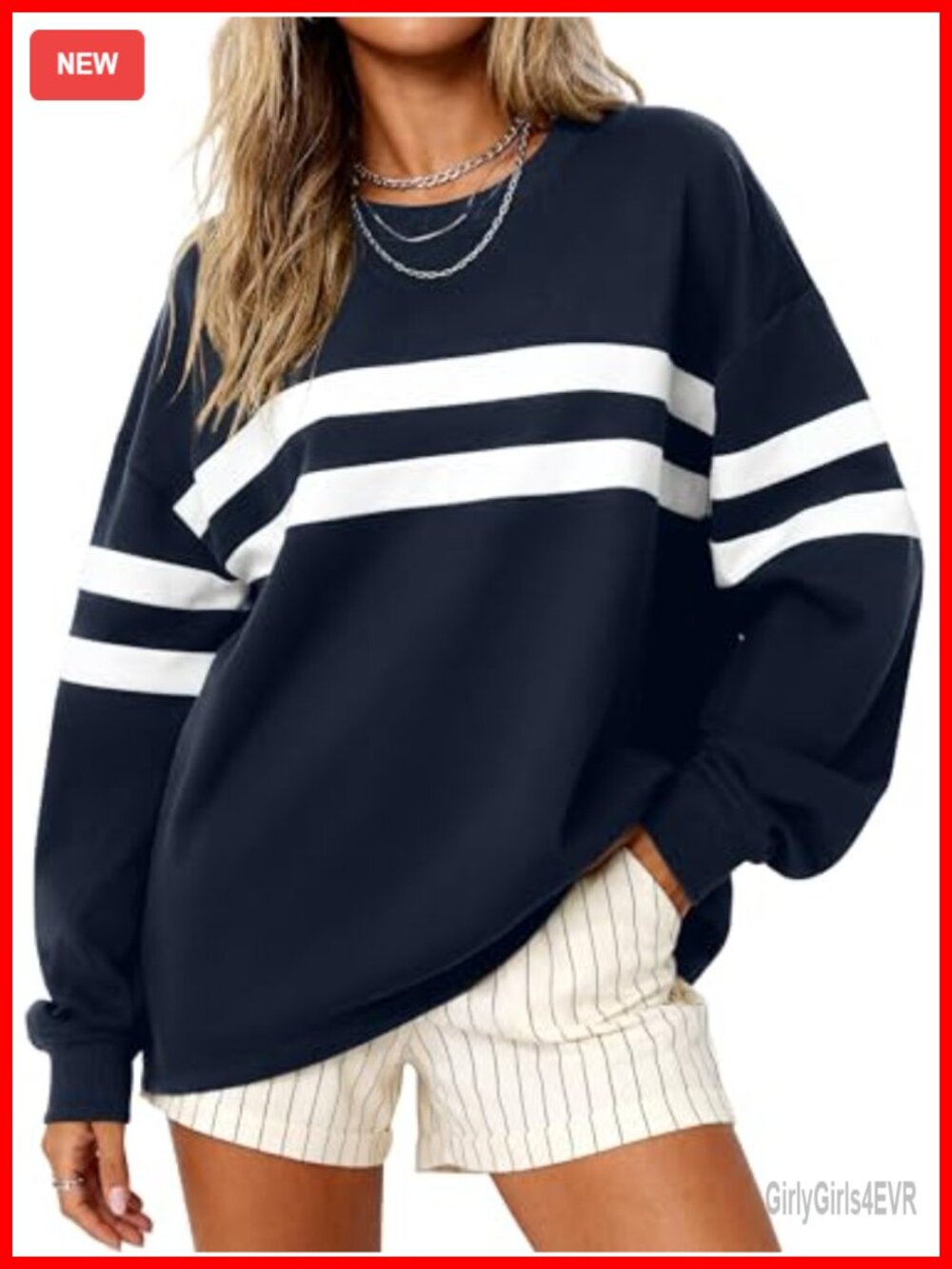 Oversized Striped Crewneck Sweatshirt Pullover Relaxed Fit